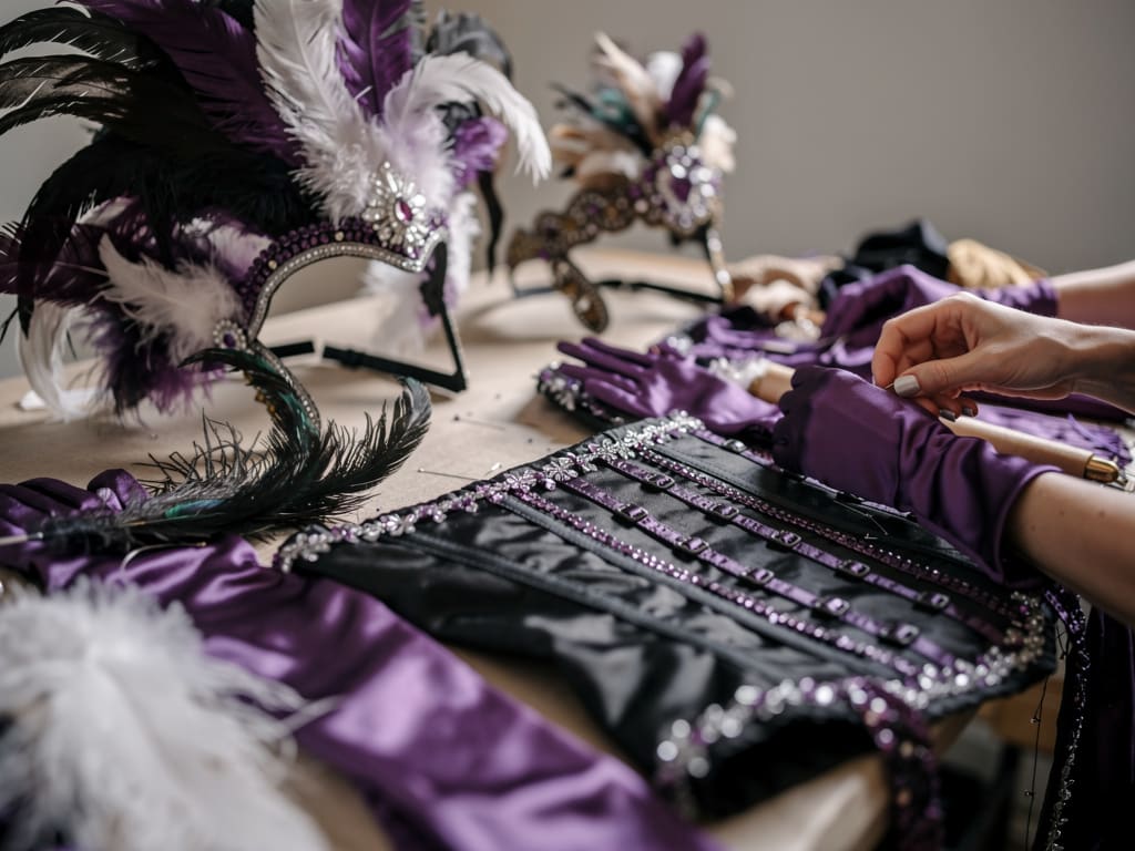 Costumes, plumes et gants préparés dans les coulisses du cabaret