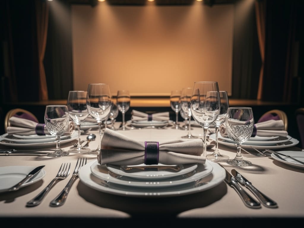 Table gastronomique dressée face à la scène chaleureusement éclairée du cabaret