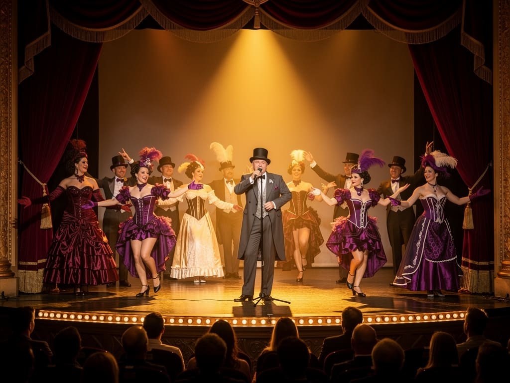 Artistes en costumes Belle Époque sur une scène de cabaret aux rideaux de velours