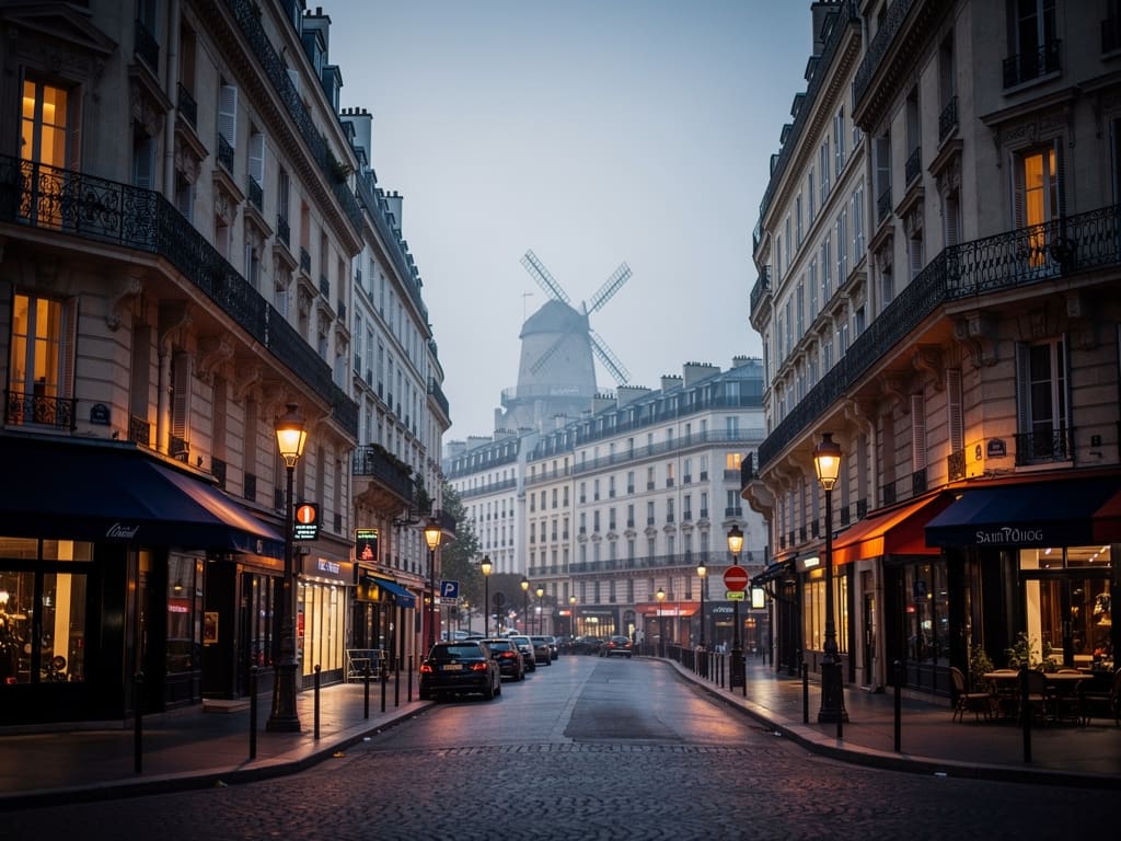 Rue parisienne historique éclairée au crépuscule dans le secteur de Montmartre