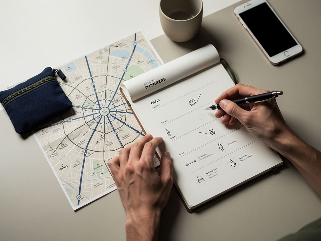 Mains préparant un itinéraire parisien avec une carte et un carnet